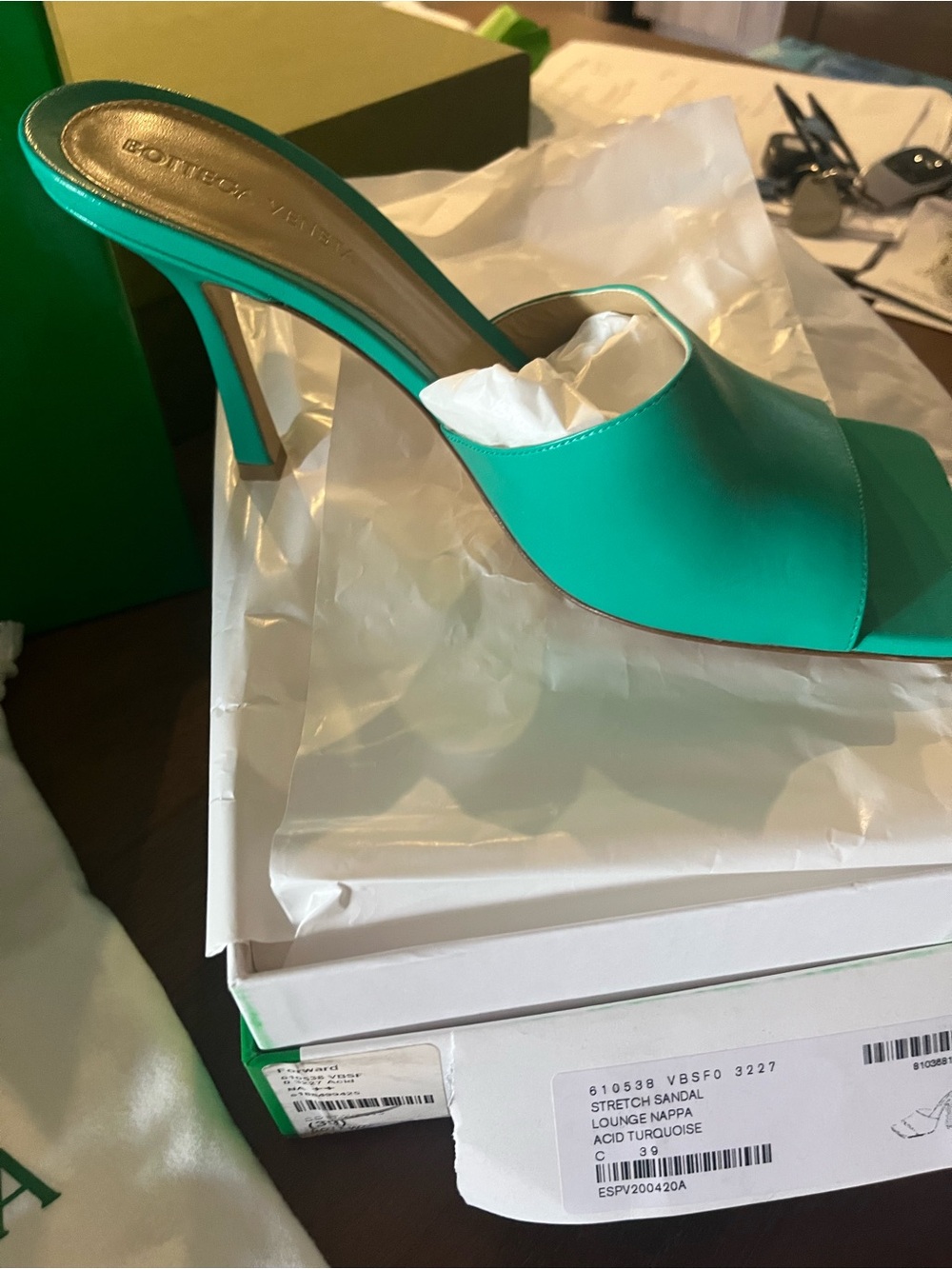 Bottega Veneta Turquoise Stretch Nappa Mule Heel